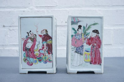 Two Chinese famille rose square brush pots with immortals, Yongzheng