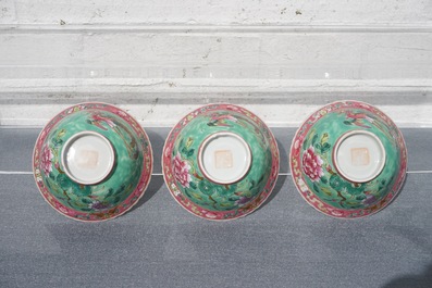 Six Chinese Straits or Peranakan famille rose bowls with phoenixes and peonies, 19th C.