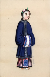 Une vitrine d'applique en bois, deux albums de peintures et un portrait sur papier de riz, 19/20&egrave;me