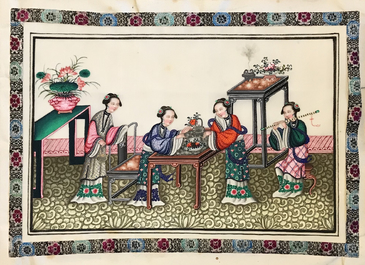 Une vitrine d'applique en bois, deux albums de peintures et un portrait sur papier de riz, 19/20&egrave;me