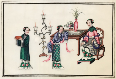 Une vitrine d'applique en bois, deux albums de peintures et un portrait sur papier de riz, 19/20&egrave;me