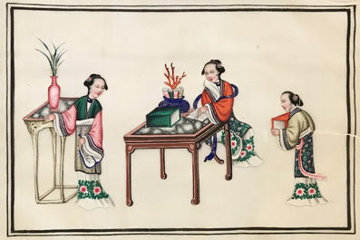 Une vitrine d'applique en bois, deux albums de peintures et un portrait sur papier de riz, 19/20&egrave;me