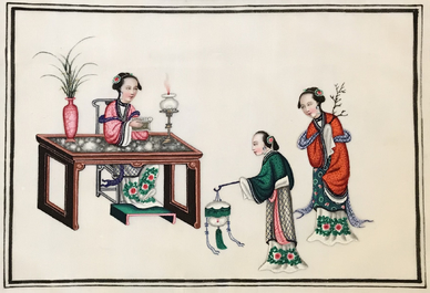 Une vitrine d'applique en bois, deux albums de peintures et un portrait sur papier de riz, 19/20&egrave;me