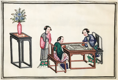 Une vitrine d'applique en bois, deux albums de peintures et un portrait sur papier de riz, 19/20&egrave;me