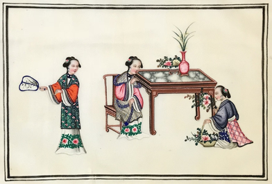 Une vitrine d'applique en bois, deux albums de peintures et un portrait sur papier de riz, 19/20&egrave;me