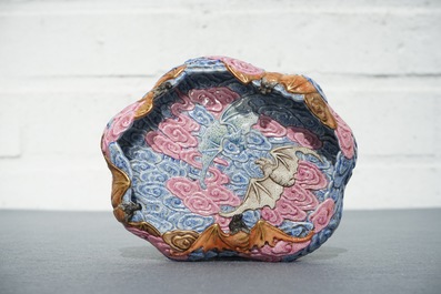 A Chinese famille rose brush washer with moulded design of bats, 20th C.