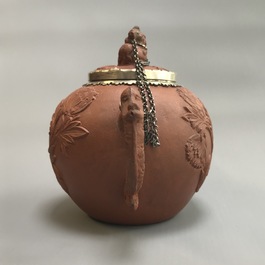 Two Chinese Yixing stoneware teapots with applied floral design, Kangxi
