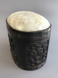 A Chinese jade top carved mahogany box, 19/20th C.