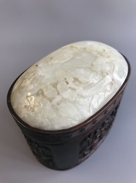 A Chinese jade top carved mahogany box, 19/20th C.