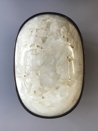A Chinese jade top carved mahogany box, 19/20th C.