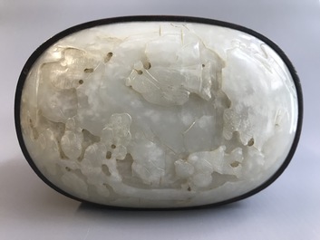 A Chinese jade top carved mahogany box, 19/20th C.
