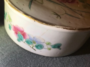 A pair of Chinese famille rose jars and covers with insects and flowers, Qianlong mark, 19/20th C.