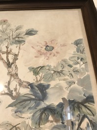 Yan Bolong (1898 -1954), Un coq dans un jardin fleuri, aquarelle sur papier