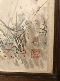 Yan Bolong (1898 -1954), Un coq dans un jardin fleuri, aquarelle sur papier