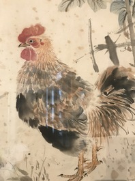 Yan Bolong (1898 -1954), Un coq dans un jardin fleuri, aquarelle sur papier