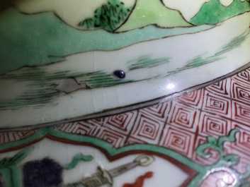 A large Chinese famille verte vase and cover with figures in fluvial landscapes, Kangxi