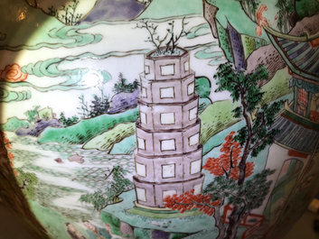 A large Chinese famille verte vase and cover with figures in fluvial landscapes, Kangxi