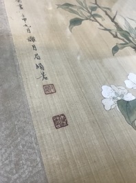Xie Yuemei (1906-1998), Oiseau sur une branche fleurie, aquarelle sur textile