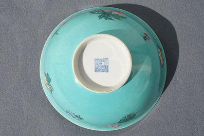 A Chinese famille rose turquoise-ground bowl, Qianlong mark, 19/20th C.