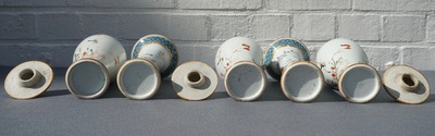 A Chinese famille rose five-piece garniture with birds among blossoms, Yongzheng/Qianlong
