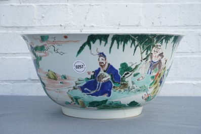 A large Chinese famille verte bowl with figures in a landscape, Kangxi
