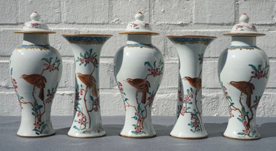 A Chinese famille rose five-piece garniture with birds among blossoms, Yongzheng/Qianlong
