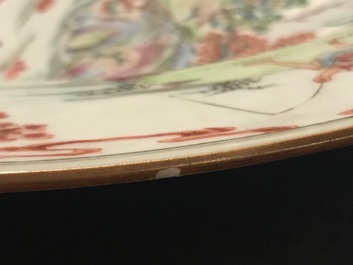 A fine Chinese famille rose dish with figures on a river, Yongzheng/Qianlong