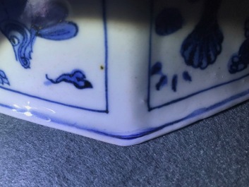 A Chinese blue and white octagonal bowl with various fish, Wanli