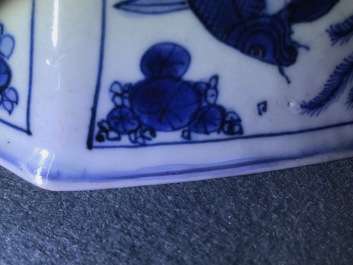A Chinese blue and white octagonal bowl with various fish, Wanli