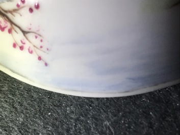 A fine Chinese famille rose cup and saucer with a lady and her dog, Yongzheng