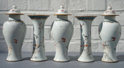 A Chinese famille rose five-piece garniture with birds among blossoms, Yongzheng/Qianlong