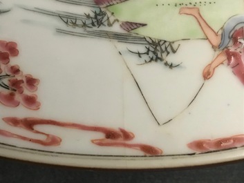 A fine Chinese famille rose dish with figures on a river, Yongzheng/Qianlong