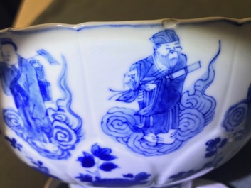A Chinese blue and white moulded bowl with immortals, Chenghua mark, Kangxi