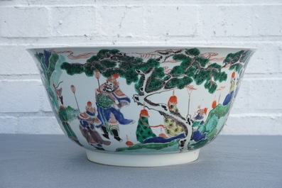 A large Chinese famille verte bowl with figures in a landscape, Kangxi