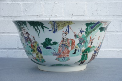 A large Chinese famille verte bowl with figures in a landscape, Kangxi