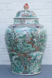 A large Chinese famille verte vase and cover with figures in fluvial landscapes, Kangxi