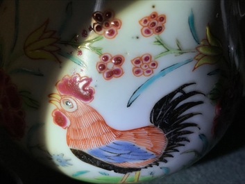 A Chinese famille rose teapot with roosters, Yongzheng