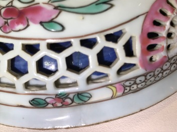 A reticulated double-walled Chinese famille rose cup and saucer, Yongzheng