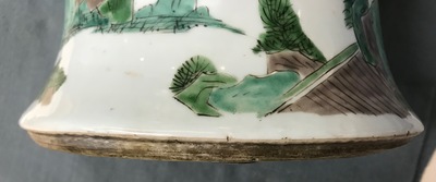 A large Chinese famille verte phoenix-tail vase with figurative design around, Kangxi