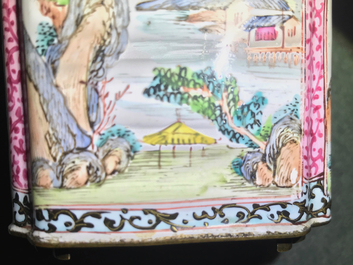 Une bo&icirc;te &agrave; th&eacute; et son couvercle en &eacute;maux de Canton, Qing