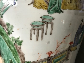 A large Chinese famille verte phoenix-tail vase with figurative design around, Kangxi