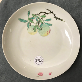 A Chinese famille rose 'sanduo' plate, Yongzheng mark, 20th C.
