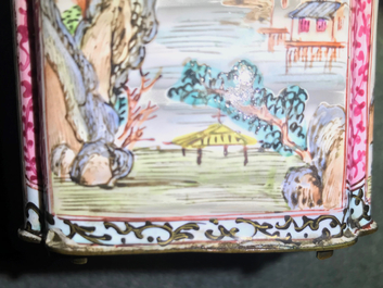 Une bo&icirc;te &agrave; th&eacute; et son couvercle en &eacute;maux de Canton, Qing
