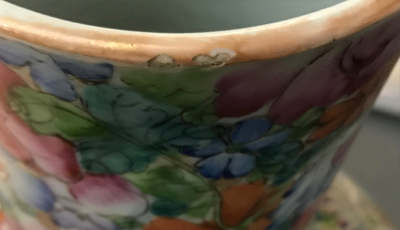 A large Chinese famille rose millefleurs tianqiu ping vase, Qianlong mark, 19/20th C.