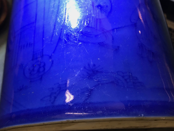 A Chinese monochrome blue tea caddy with underglaze design, Kangxi