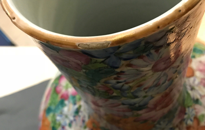 A large Chinese famille rose millefleurs tianqiu ping vase, Qianlong mark, 19/20th C.