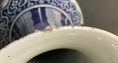 A large Chinese blue and white vase with a lady and calligraphy, 19th C.