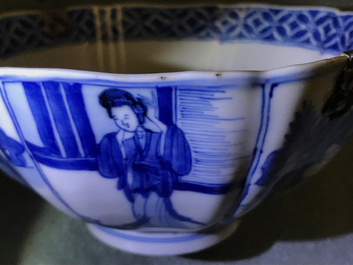 A Chinese blue and white silver-handled bowl with Long Eliza, Kangxi