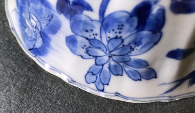 A pair of Chinese blue and white lobed phoenix bowls, Kangxi