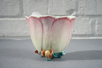 A large Chinese famille rose magnolia-shaped cup on stand, Yongzheng